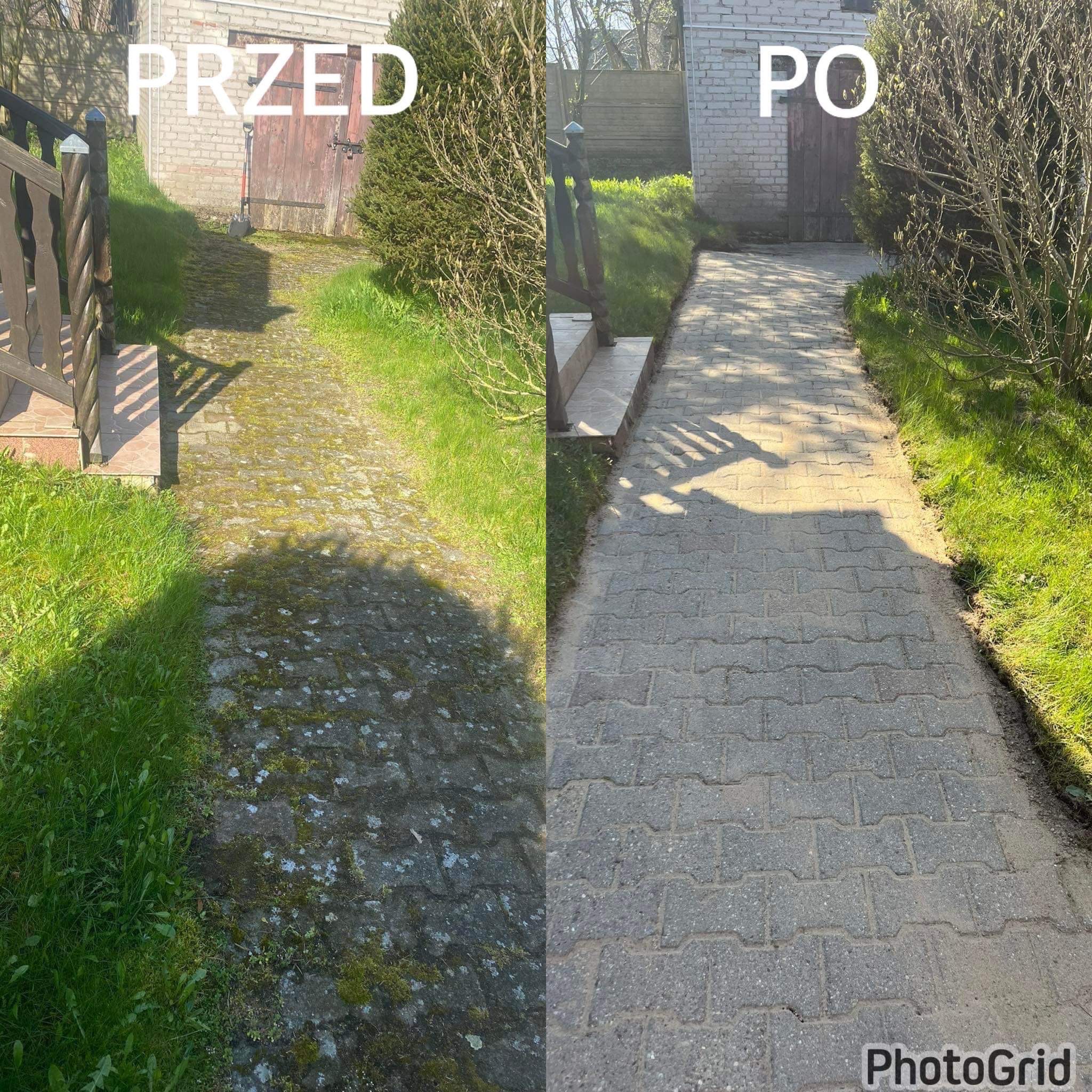 Porównanie kostki brukowej przed i po czyszczeniu, z widoczną różnicą w usunięciu mchu i zabrudzeń, prezentowane w formacie 'przed' po lewej i 'po' po prawej stronie.