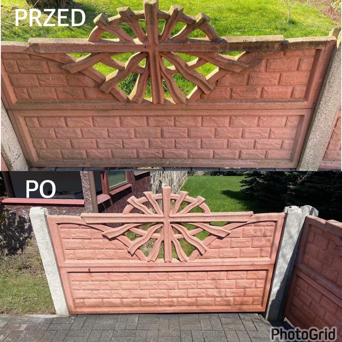 Porównanie stanu betonowego segmentu ogrodzenia z dekoracyjnym wzorem przed i po czyszczeniu, widoczne różnice w kolorze i usunięcie zabrudzeń.