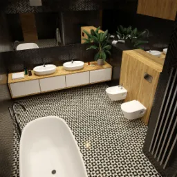 Wnętrze łazienki z czarnymi, cegiełkowymi płytkami na ścianach, białą wolnostojącą wanną, podwójną umywalką na drewnianym blacie, czarno-białą wzorzystą podłogą oraz drewnianą zabudową toalety...