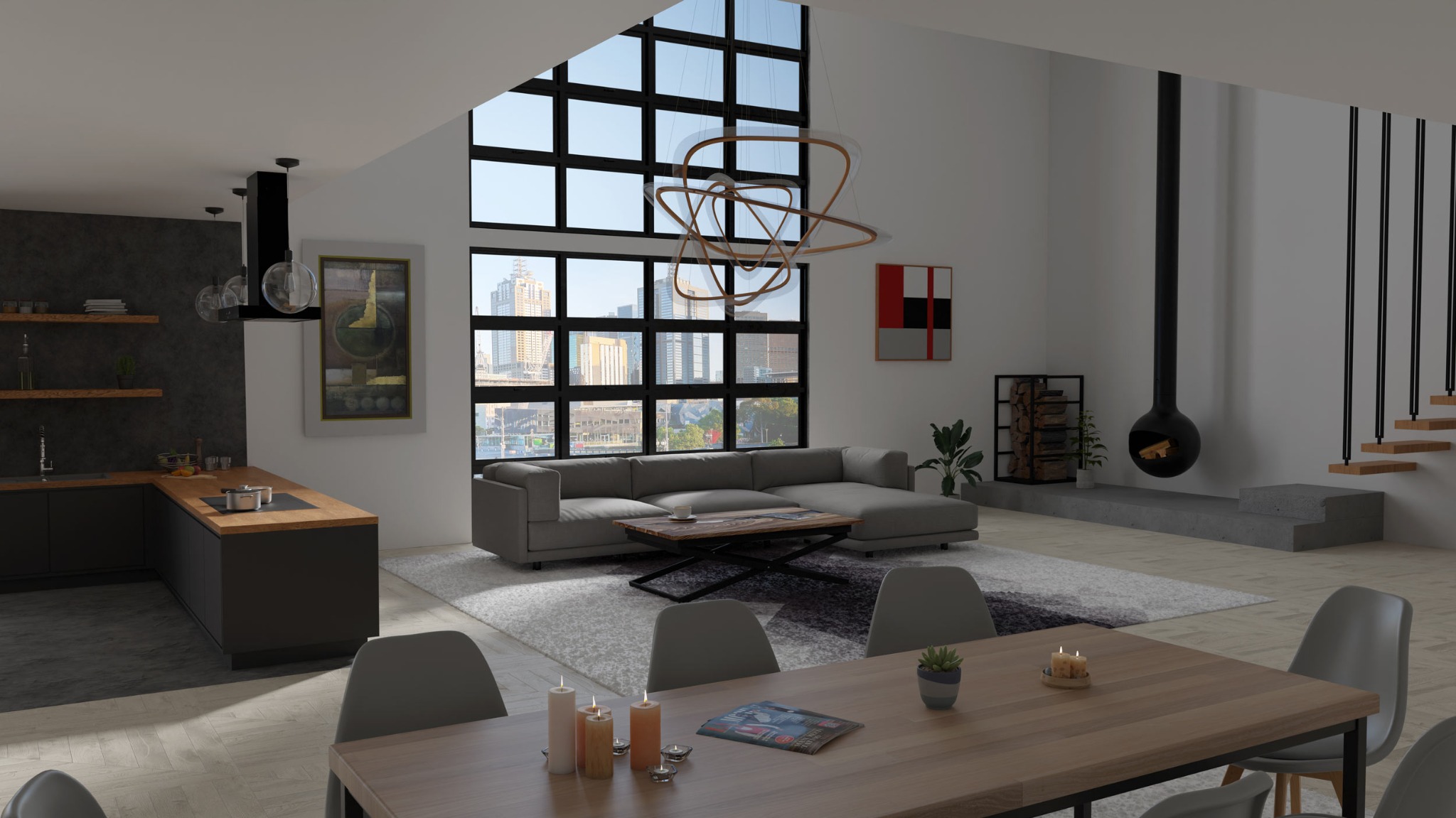 Wizualizacja 3D przestronnego, nowoczesnego wnętrza z otwartą kuchnią, salonem i jadalnią, charakteryzująca się dużymi oknami z widokiem na miasto, designerską lampą wiszącą i minimalistycznym...