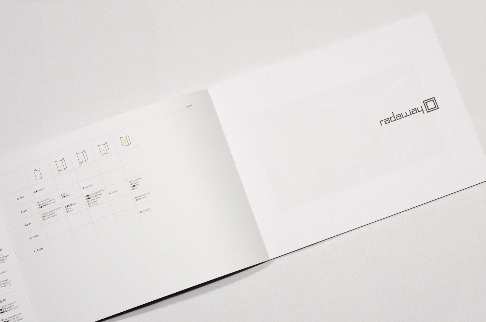 Otwarta broszura reklamowa z tabelą specyfikacji technicznych i logo firmy Radaway, leżąca na białym tle.