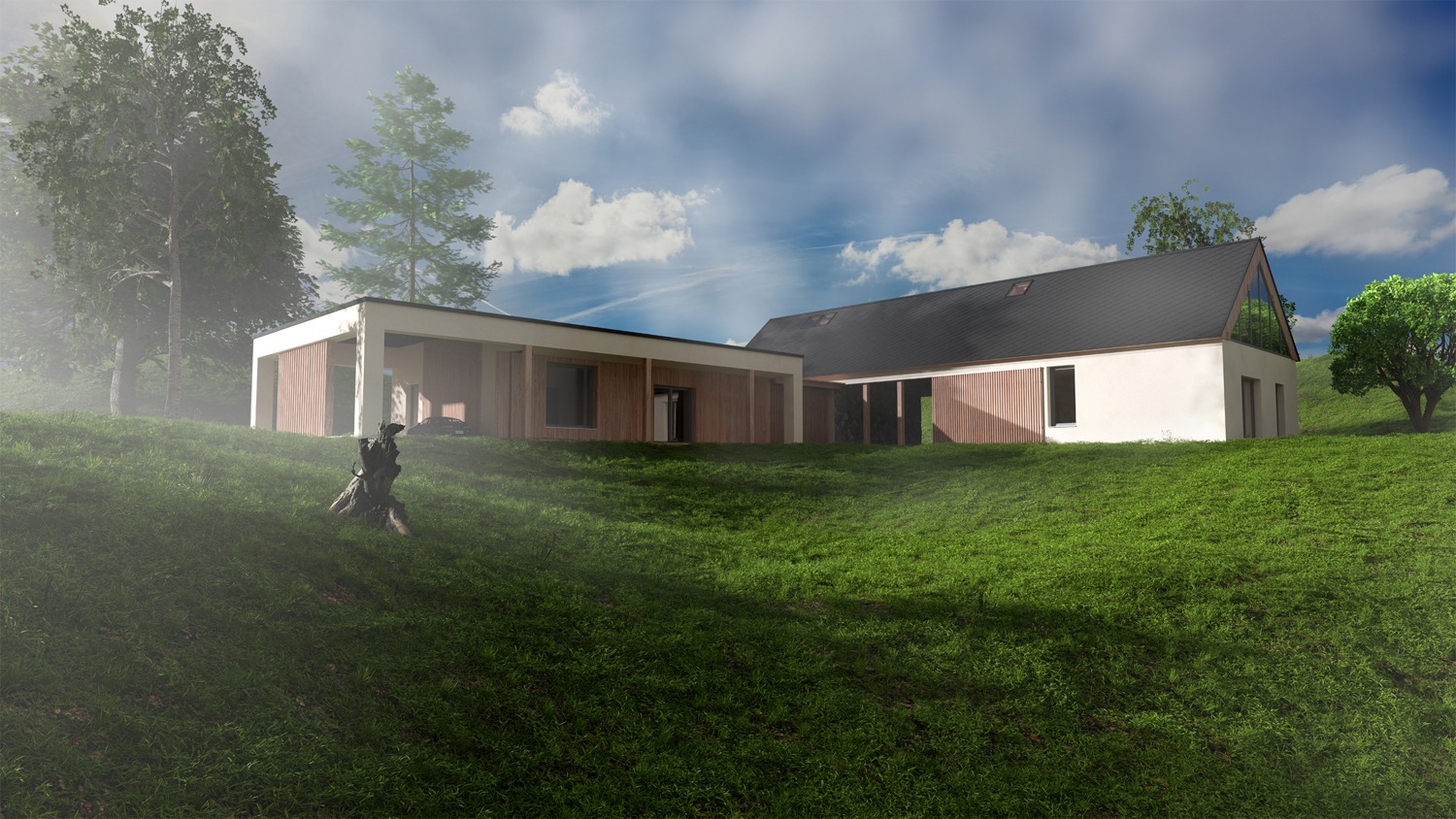 Wizualizacja nowoczesnego domu z elementami drewna, otoczonego zielonym trawnikiem i drzewami, widocznego spod lekkiej mgły.