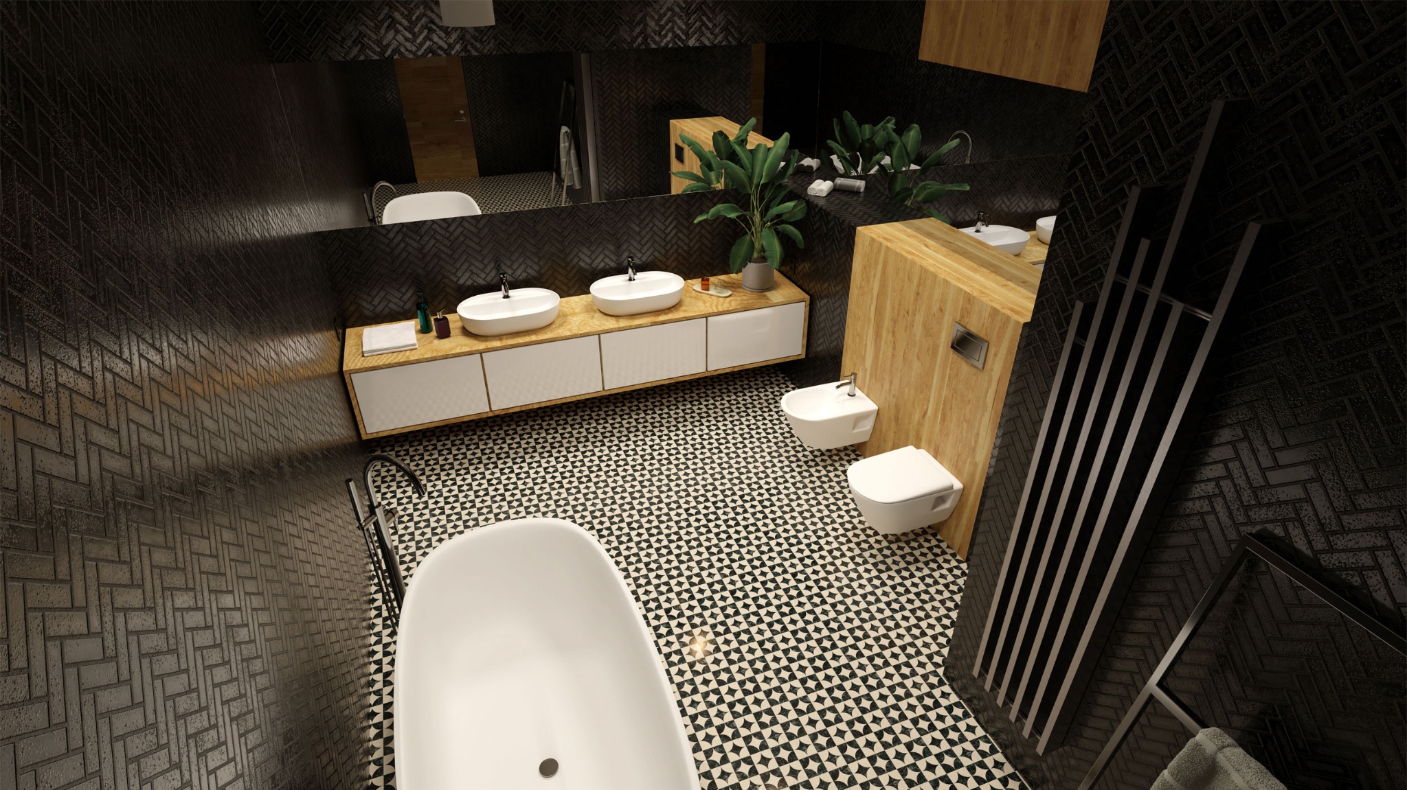 Wnętrze łazienki z czarnymi, cegiełkowymi płytkami na ścianach, białą wolnostojącą wanną, podwójną umywalką na drewnianym blacie, czarno-białą wzorzystą podłogą oraz drewnianą zabudową toalety...