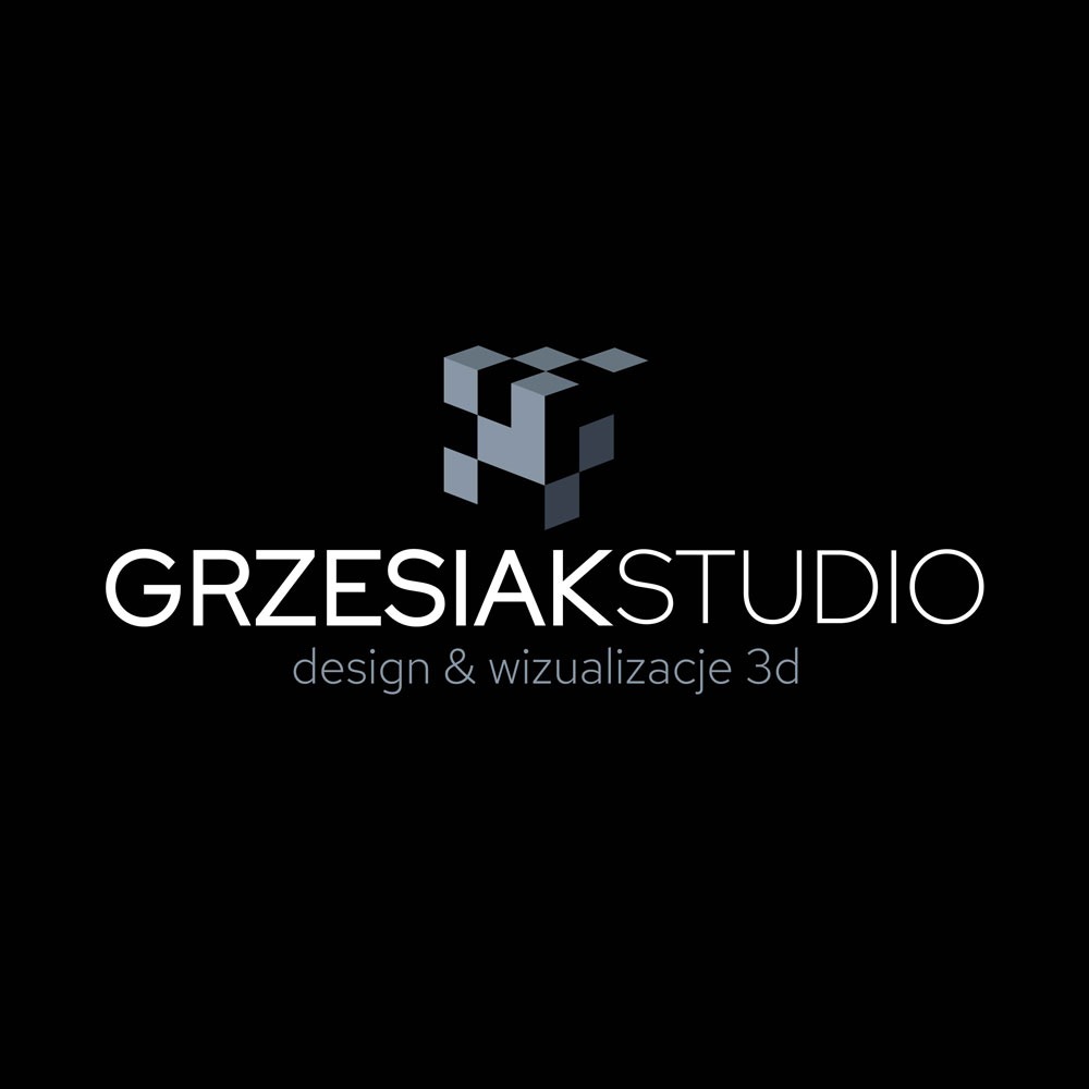 Logo firmy GRZESIAKSTUDIO z geometrycznym symbolem 3D z szarych kostek i hasłem 'design & wizualizacje 3d' na czarnym tle.