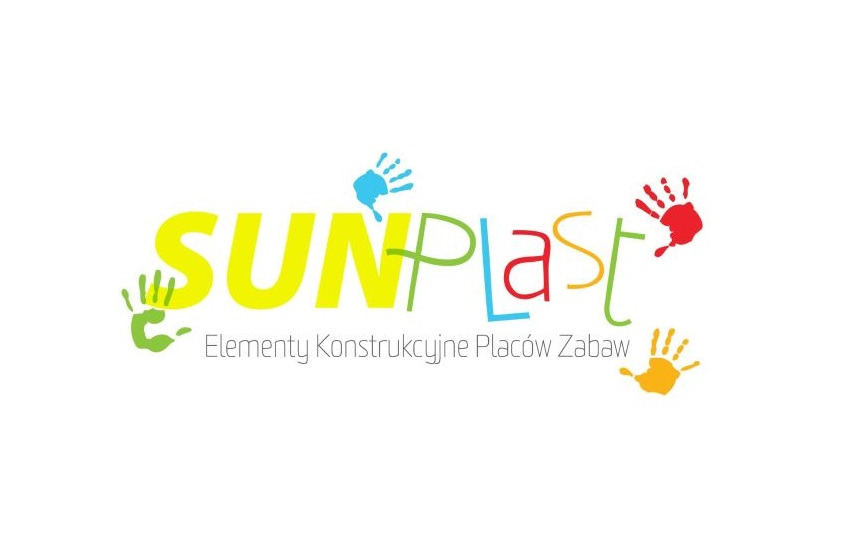 Logo firmy Sunplast z Wrocławia, specjalizującej się w elementach konstrukcyjnych do placów zabaw, z kolorowymi odciskami dłoni.