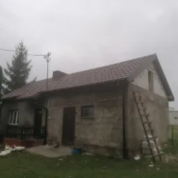 Dom z częściowo ocieplonym poddaszem i nowym, brązowym dachem z blachodachówki, drabina oparta o ścianę szczytową, stado kaczek na trawniku.