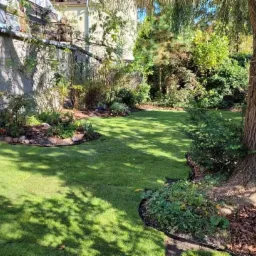 Starannie utrzymany trawnik z rolki, obrzeża z czarnego tworzywa, rabaty z korą i kamieniami, cień drzewa, mur oporowy w tle.