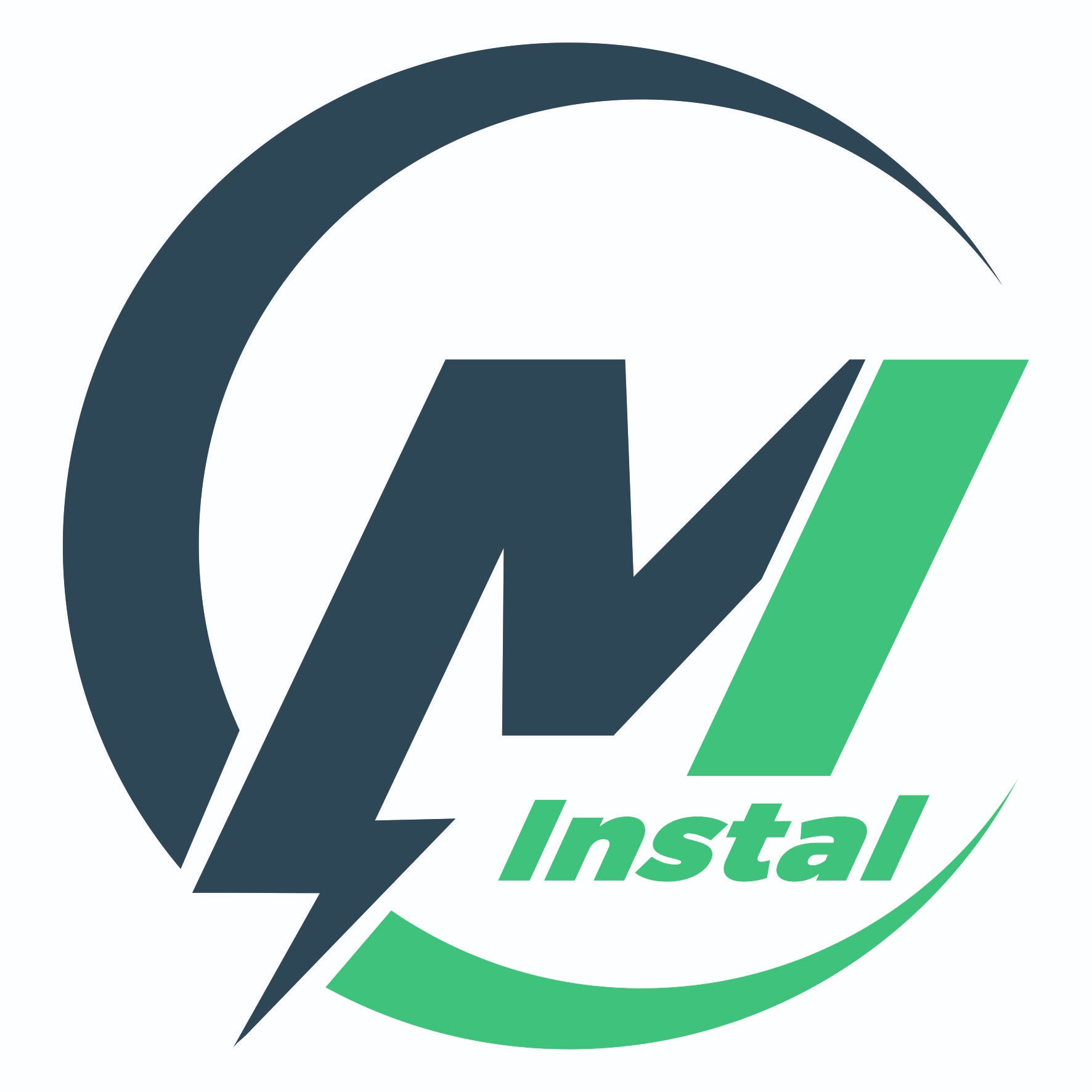 Logo firmy instalacyjnej z stylizowaną literą 'M' przeciętą symbolem błyskawicy w kolorze granatowym i zielonym, z napisem 'Instal' w zieleni.