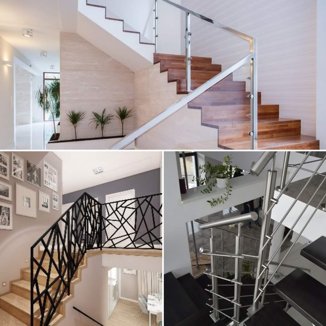 Kolaż przedstawiający trzy różne projekty schodów: drewniane stopnie z metalową i szklaną balustradą, schody z czarną, geometryczną balustradą oraz schody z ciemnego drewna z metalową balustradą...