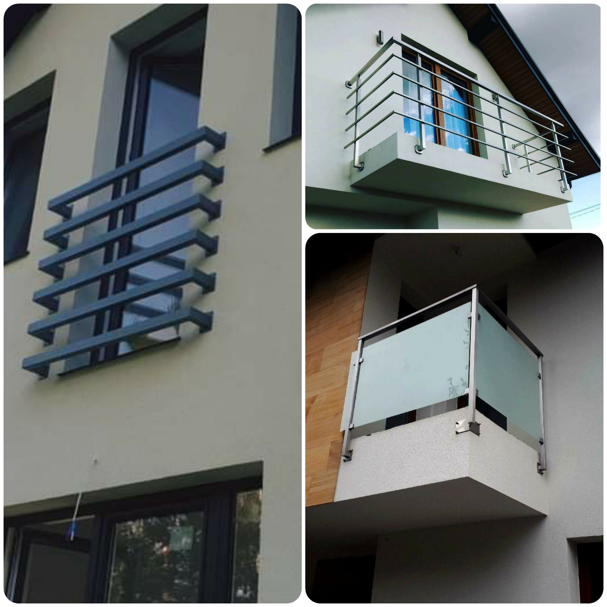 Projekt elewacji domu w Jabłonnie prezentujący trzy różne typy balkonów: z poziomymi, szarymi belkami, z metalową balustradą oraz z mleczną szybą.