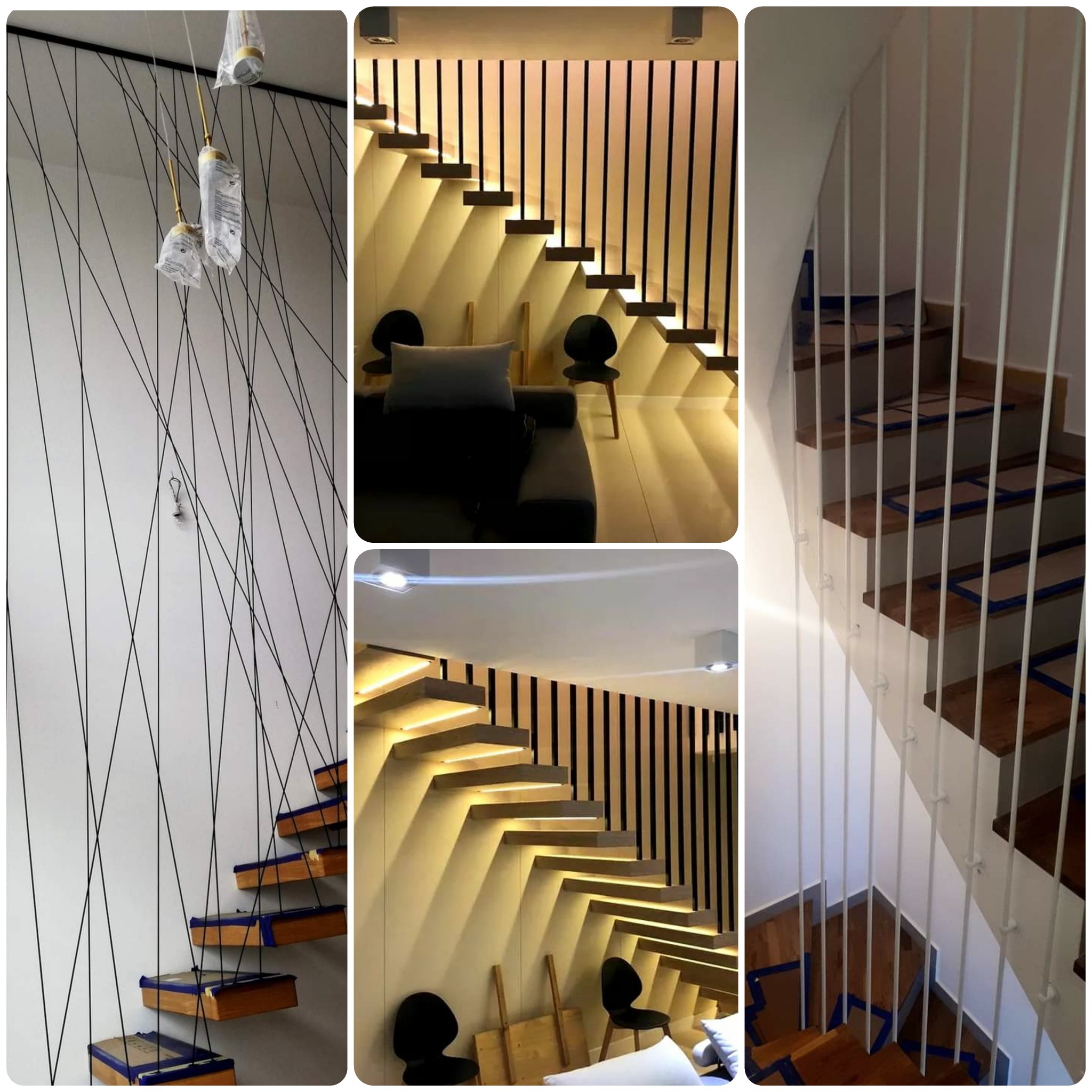 Kolaż trzech ujęć schodów: wiszące schody z czarnymi linkami, podświetlane schody z czarnymi pionowymi panelami, schody z białymi balustradami zabezpieczone niebieską taśmą malarską.