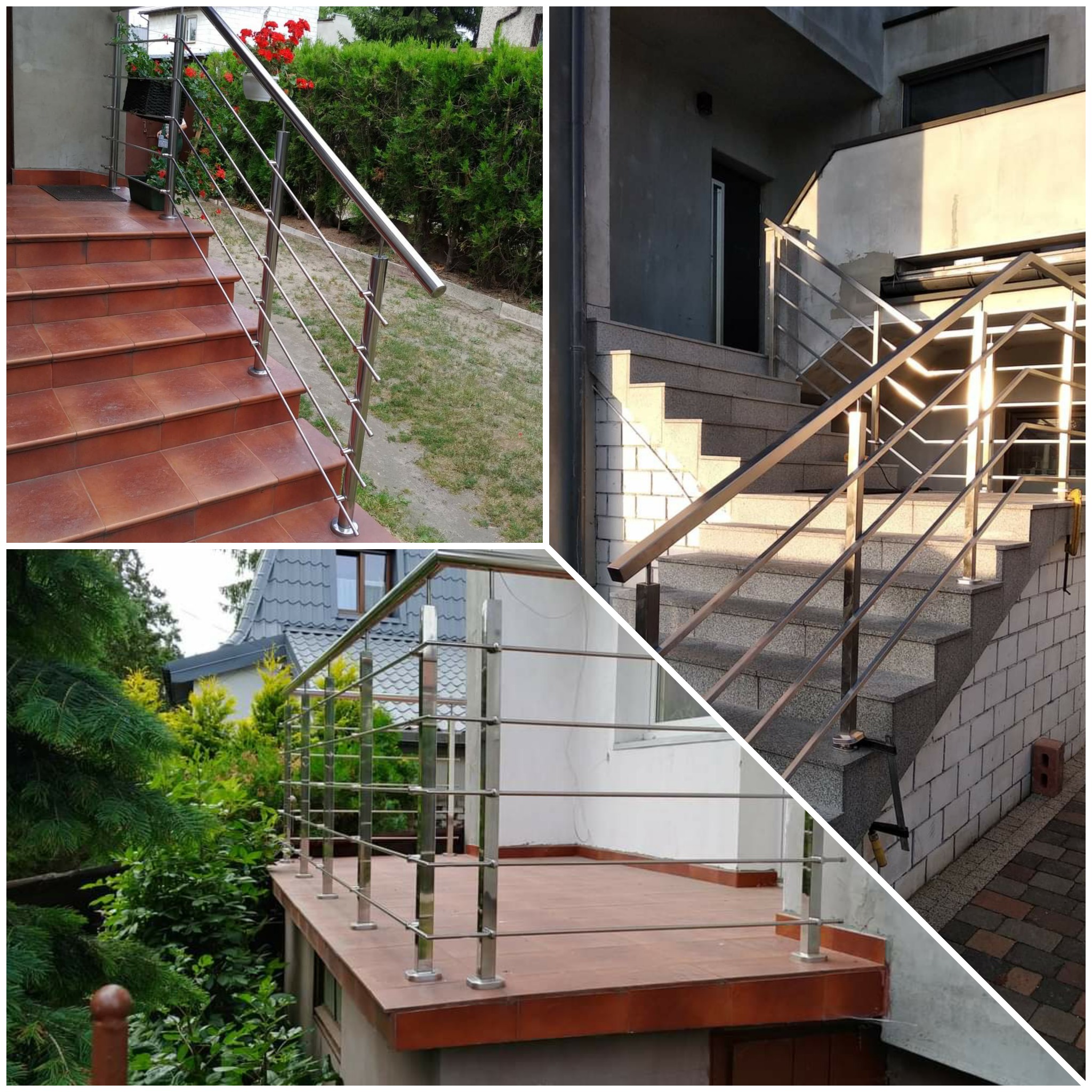 Kompozycja trzech ujęć: schody wejściowe z terakotą i stalową balustradą na tle zieleni, schody zewnętrzne z szarych płytek z nowoczesną balustradą, taras z terakotą i stalową balustradą otoczony...