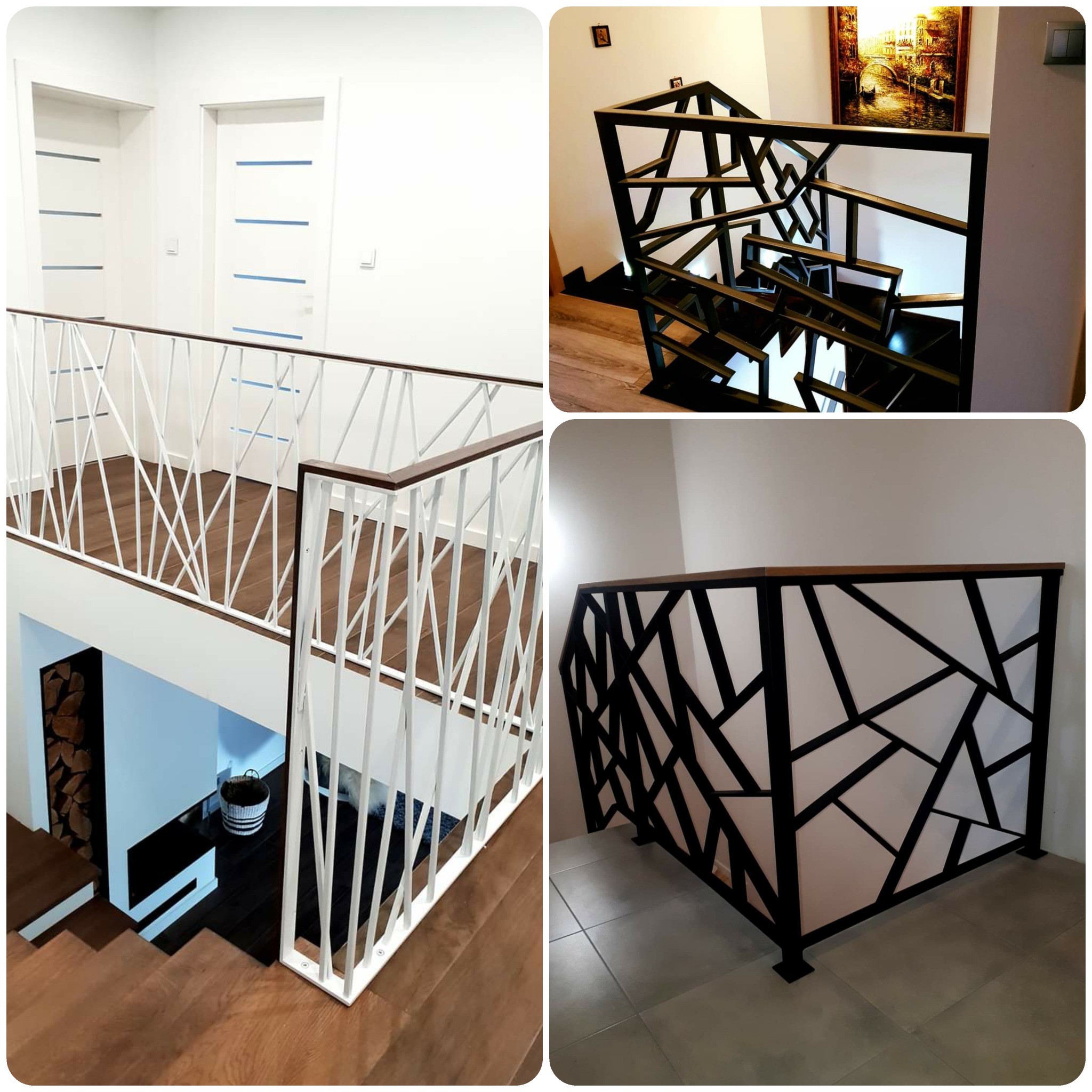 Nowoczesne balustrady schodowe z geometrycznym wzorem, biała i czarna konstrukcja z drewnianym wykończeniem, widok z różnych perspektyw.