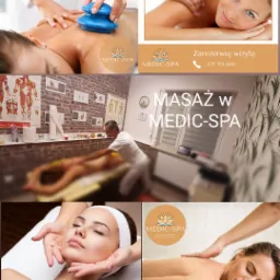 Kompozycja zdjęć z usługami Medic-Spa: masaż bańką chińską, masaż relaksacyjny, masaż twarzy oraz masaż dla ciała i duszy, z numerem telefonu do rezerwacji wizyt.