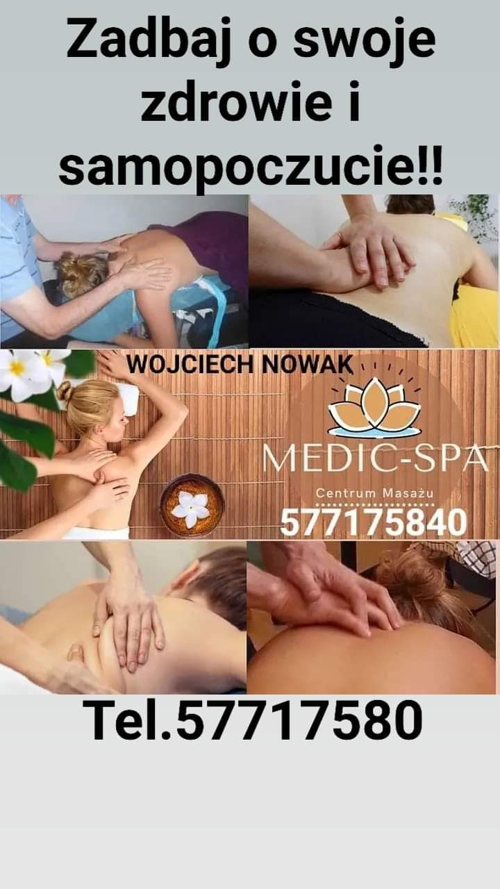 Mozaika zdjęć przedstawiająca różne ujęcia masażu pleców i szyi, logo Medic-Spa z kwiatem lotosu, dane kontaktowe Wojciecha Nowaka i numer telefonu.
