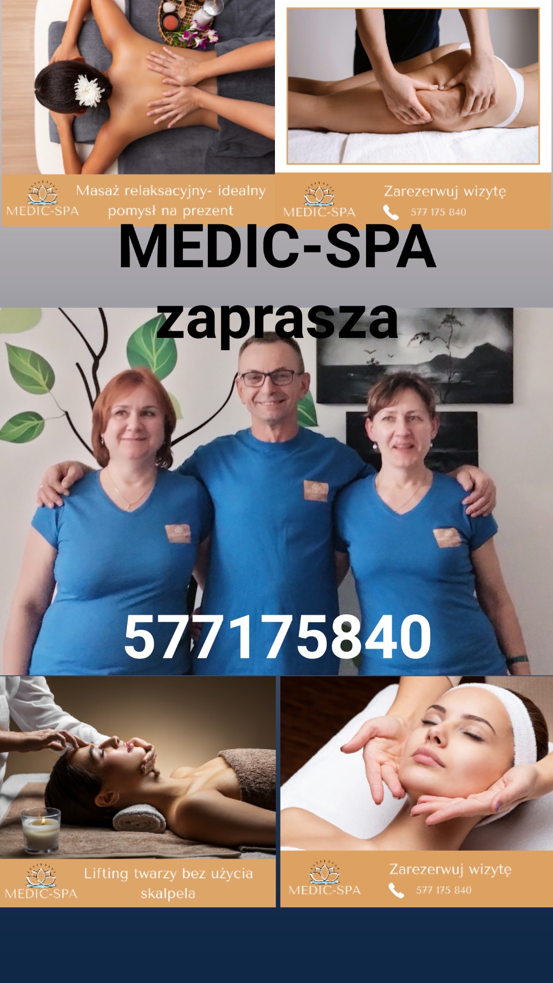 Kolaż z czterech zdjęć: masaż relaksacyjny pleców z kwiatem, masaż uda, portret zespołu Medic-Spa i lifting twarzy bez skalpela.