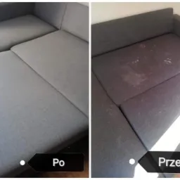 Szara narożna kanapa przed i po czyszczeniu, widoczne plamy i zabrudzenia na części 'przed', a czysta powierzchnia na części 'po'.