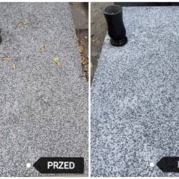 Porównanie stanu nagrobka przed i po czyszczeniu: po lewej stronie nagrobek pokryty liśćmi i zabrudzeniami, po prawej czysty, z odnowionym kolorem.