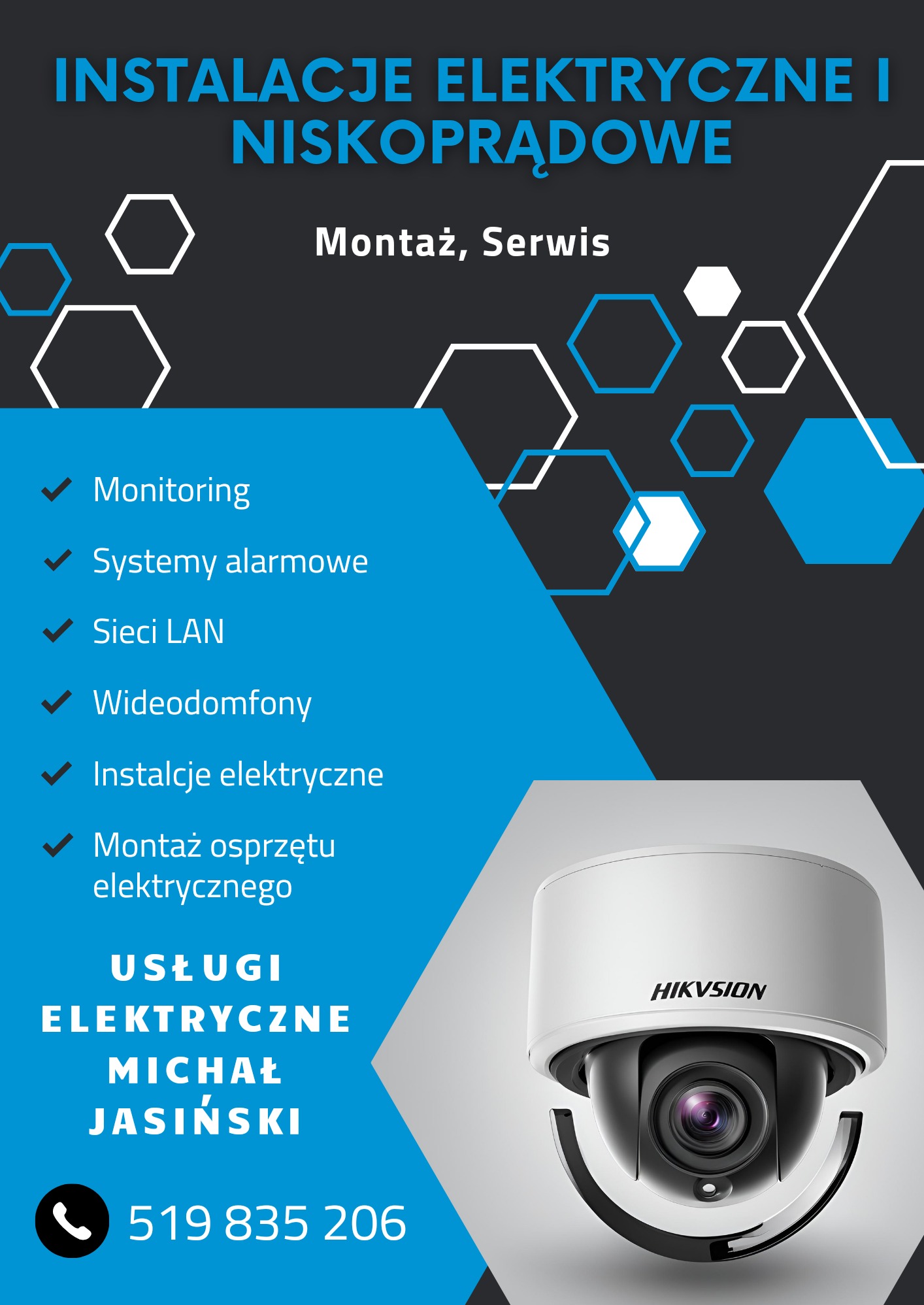 Grafika reklamowa firmy instalującej systemy elektryczne i niskoprądowe, z ofertą monitoringu, alarmów, sieci LAN, wideodomofonów, instalacji elektrycznych i montażu osprzętu, z logo Hikvision...