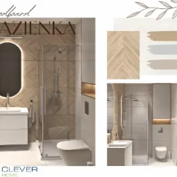 Wizualizacja nowoczesnej łazienki z drewnopodobnymi płytkami ułożonymi w jodełkę, kabiną prysznicową ze szkła, podświetlanym lustrem nad białą szafką z umywalką oraz toaletą, na ścianie moodboard...