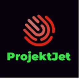 Logo firmy ProjektJet: abstrakcyjna dłoń w odcieniach czerwieni i nazwa firmy w kolorze zielonym na czarnym tle.