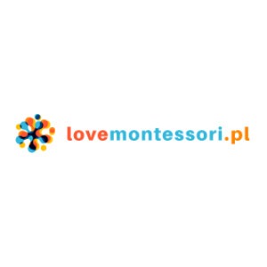 Logo strony lovemontessori.pl z kolorowym motywem przypominającym kwiat lub wybuch, umieszczone po lewej stronie nazwy domeny w kolorze pomarańczowym, na białym tle.