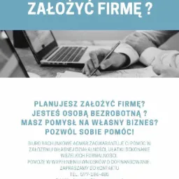 Reklama biura rachunkowego Agmar z pytaniem: Planujesz założyć firmę? Widoczne dłonie nad dokumentami i laptopem.