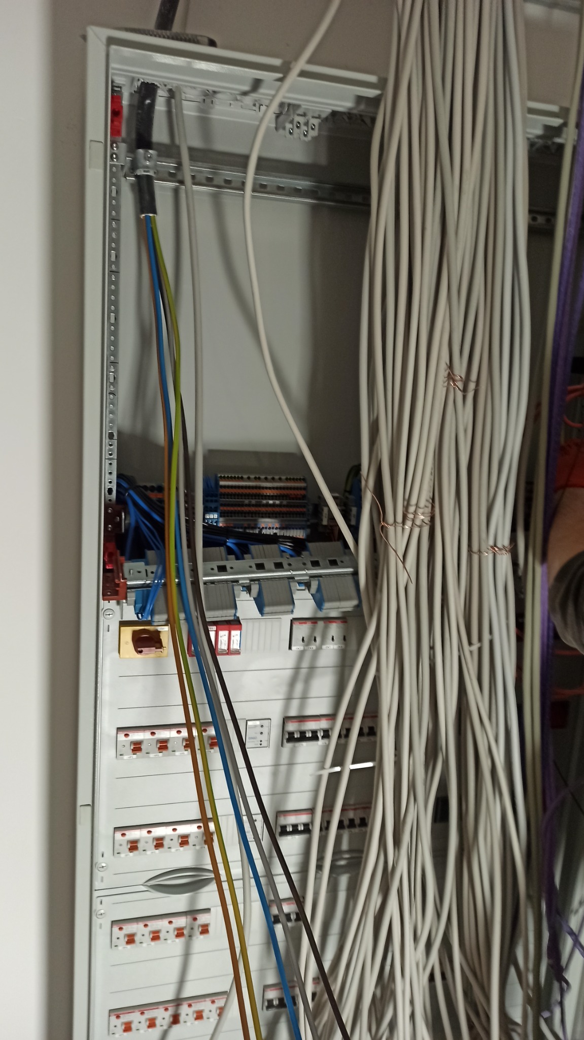 Otwarta skrzynka rozdzielcza z widocznymi bezpiecznikami, okablowaniem w kolorowej izolacji oraz wiązką szarych kabli przymocowanych drutem.