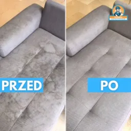 Szczecin: Porównanie 'przed' i 'po' czyszczenia jasnoszarej, tekstylnej kanapy z widocznymi plamami, prezentujące efekt usługi.