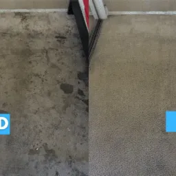 Porównanie dywanu przed i po czyszczeniu, widoczne wyraźne różnice w kolorze i czystości włókien, z logo firmy w prawym górnym rogu.