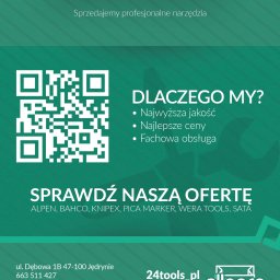 dConcept-agency.pl - Agencja Marketingowa - Projekt ulotki reklamowej sklepu internetowego 24tools.pl prezentujący logo firmy, kod QR, adres strony internetowej, dane kontaktowe oraz hasła reklamowe: Najwyższa jakość, Najlepsze ceny, Fachowa...