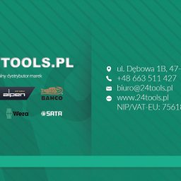dConcept-agency.pl - Agencja Marketingowa - Projekt wizytówki reklamowej 24tools.pl z logo firmy, adresem, numerem telefonu, adresem e-mail, stroną www oraz NIP-em, prezentujący dystrybucję marek Knipex, Alpen, Bahco, Pica, Wera i SATA...
