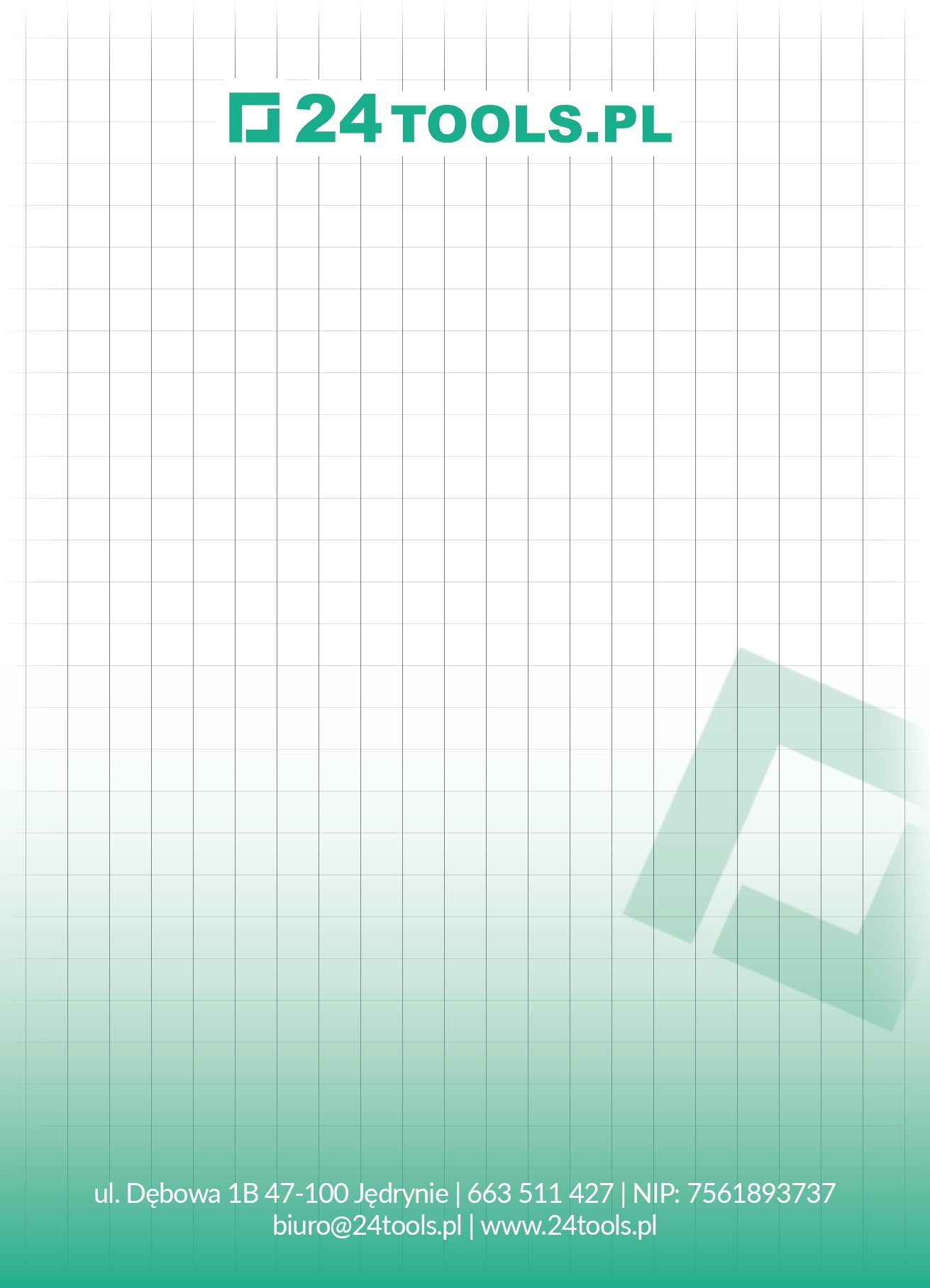 Projekt graficzny strony tytułowej notesu firmowego 24tools.pl z Jędryni, z adresem i numerem NIP, na tle siatki w odcieniach zieleni.