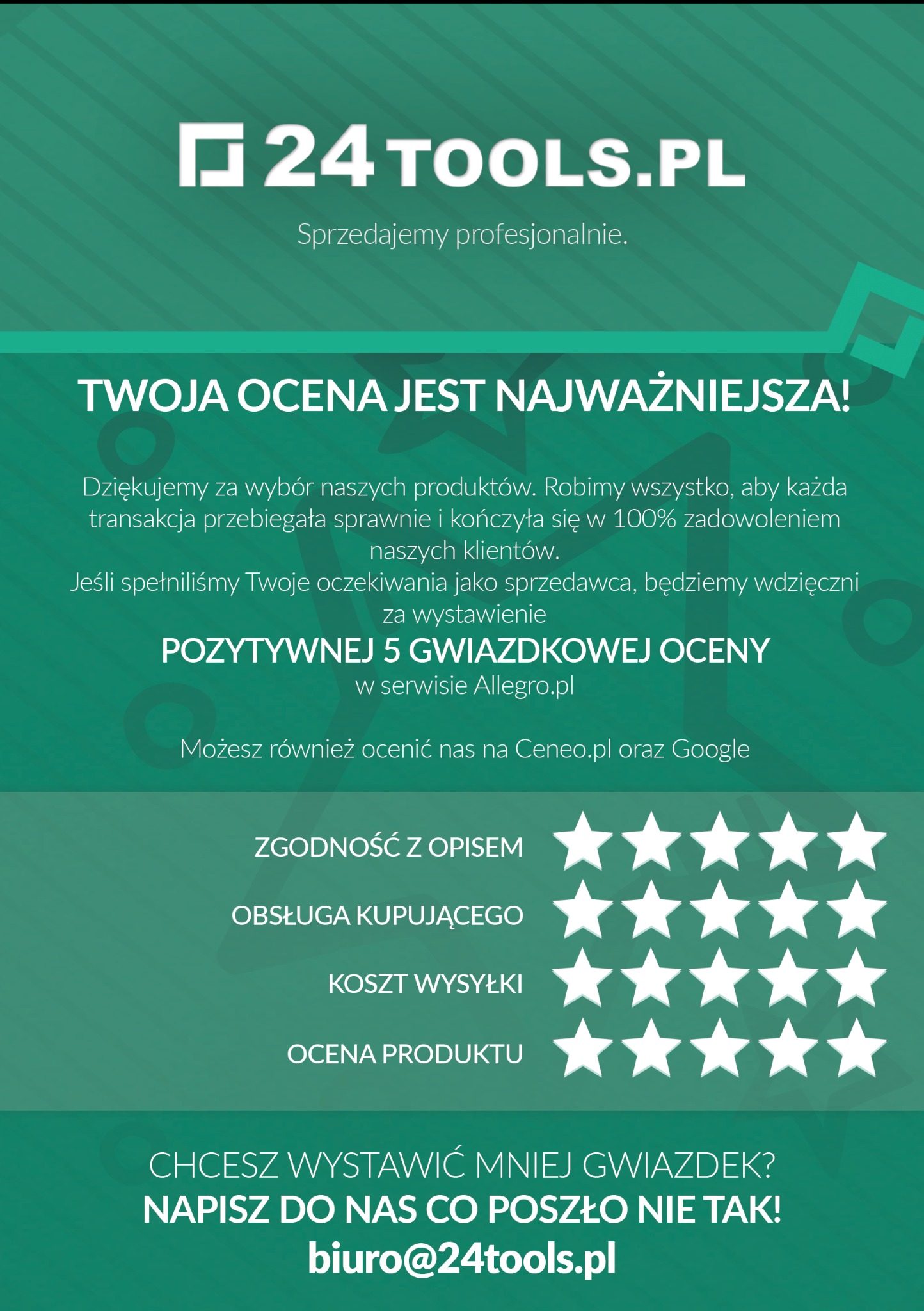 Grafika z prośbą o ocenę 5-gwiazdkową sklepu internetowego 24tools.pl na Allegro, Ceneo i Google, z informacją o zgodności z opisem, obsłudze kupującego, koszcie wysyłki i ocenie produktu.