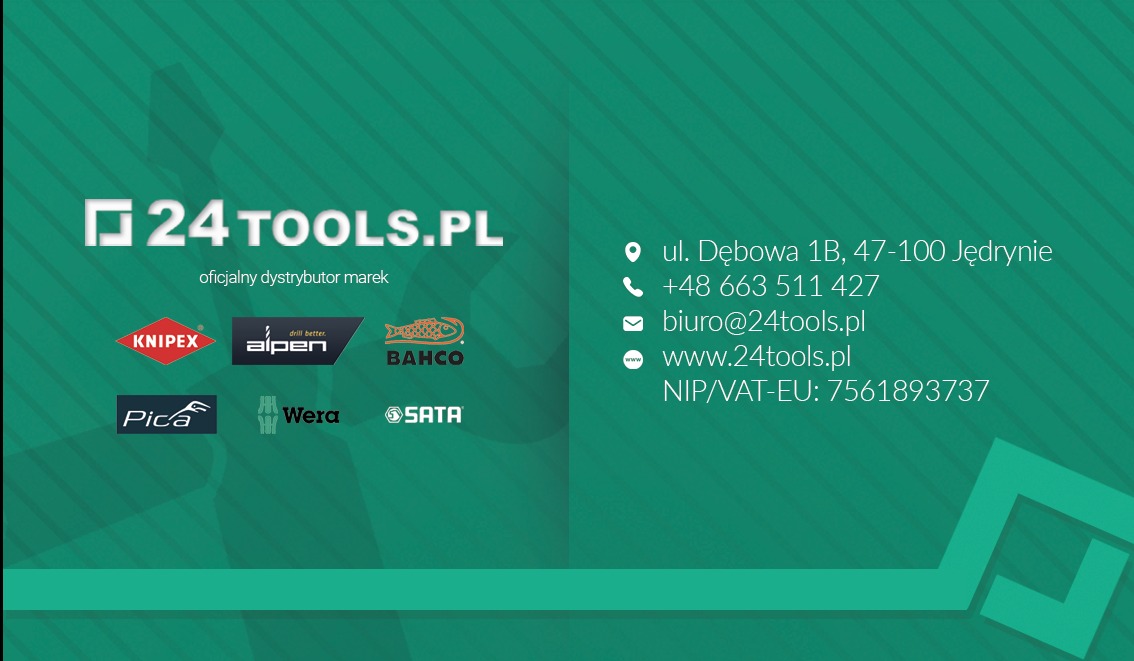 Projekt wizytówki reklamowej 24tools.pl z logo firmy, adresem, numerem telefonu, adresem e-mail, stroną www oraz NIP-em, prezentujący dystrybucję marek Knipex, Alpen, Bahco, Pica, Wera i SATA...