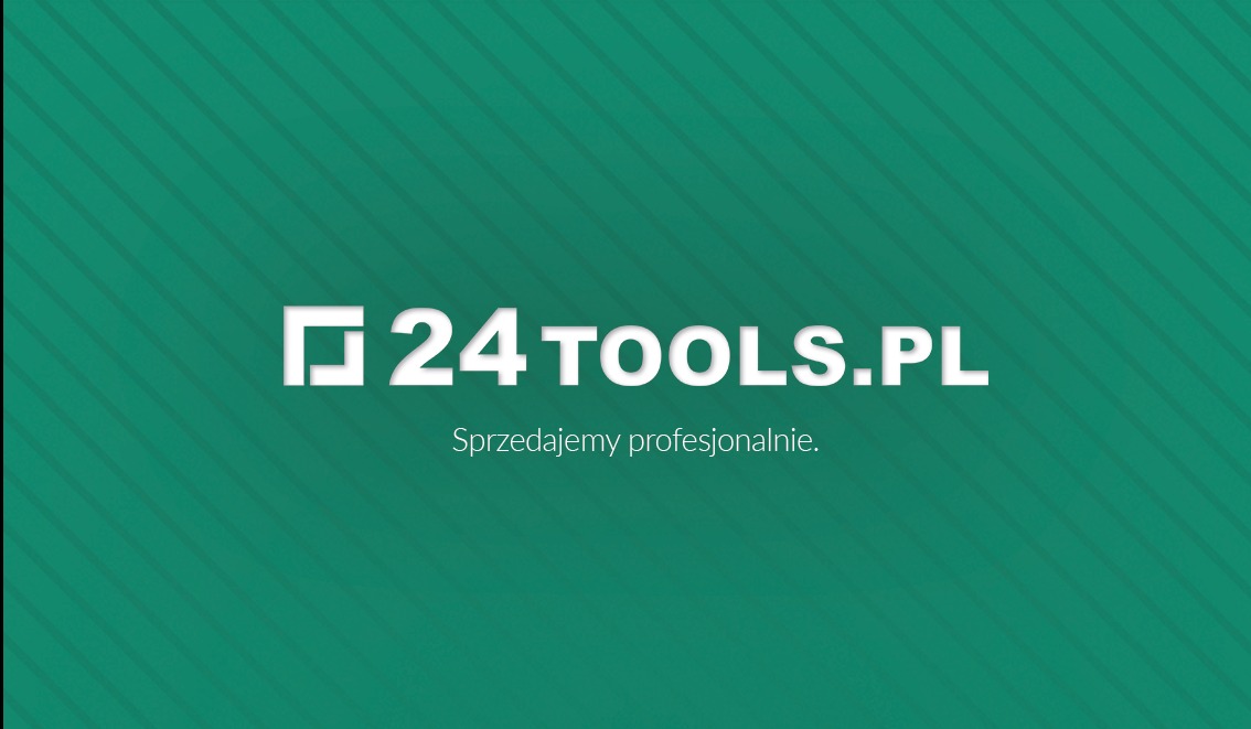 Grafika wizytówki reklamowej 24tools.pl, prezentująca białe logo i slogan 'Sprzedajemy profesjonalnie' na zielonym tle z ukośnymi paskami.