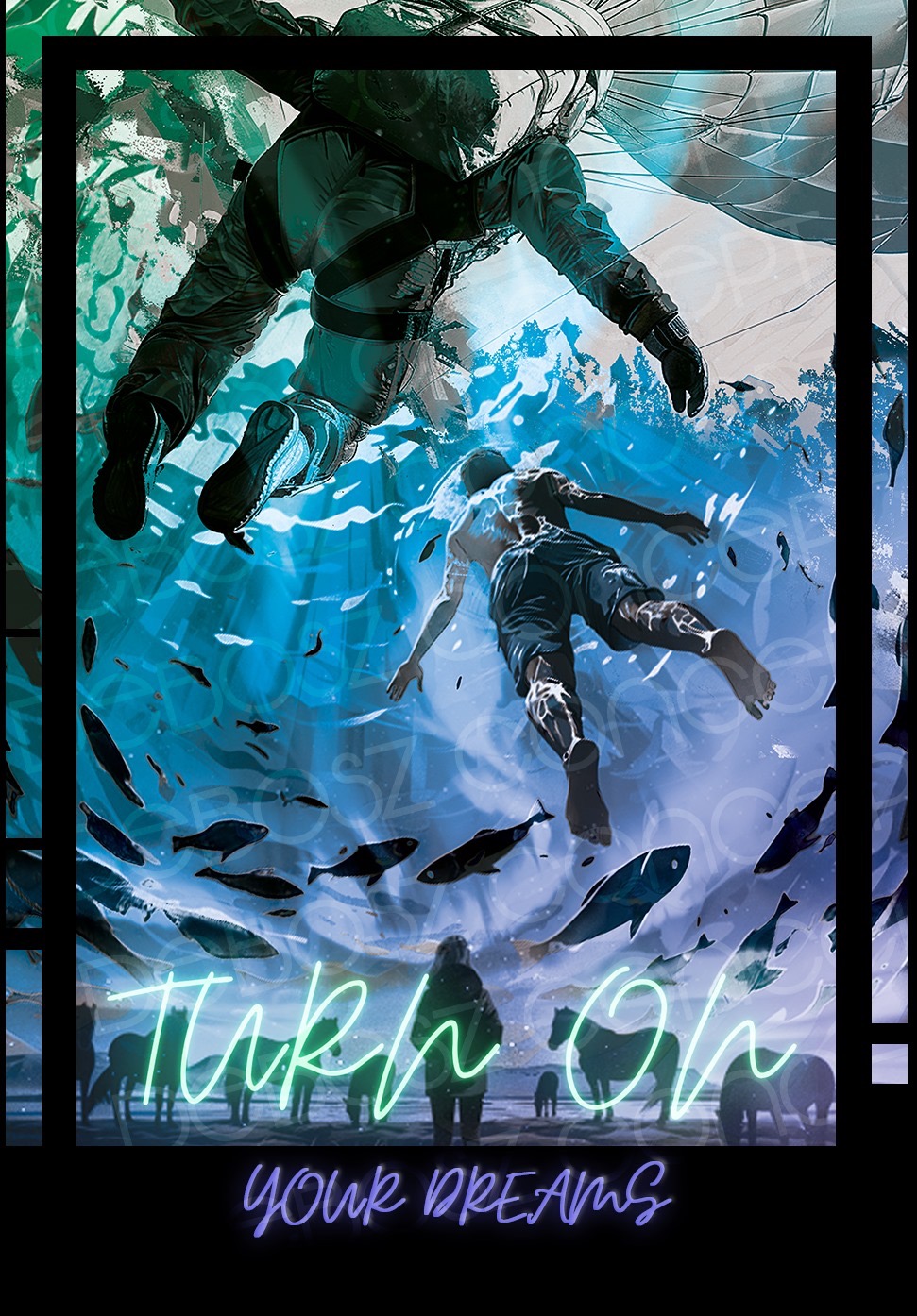 Abstrakcyjna grafika przedstawiająca nurka w kombinezonie nad tonącym człowiekiem w otoczeniu ryb, z neonowym napisem 'Turn On Your Dreams' i sylwetkami zwierząt na dole.