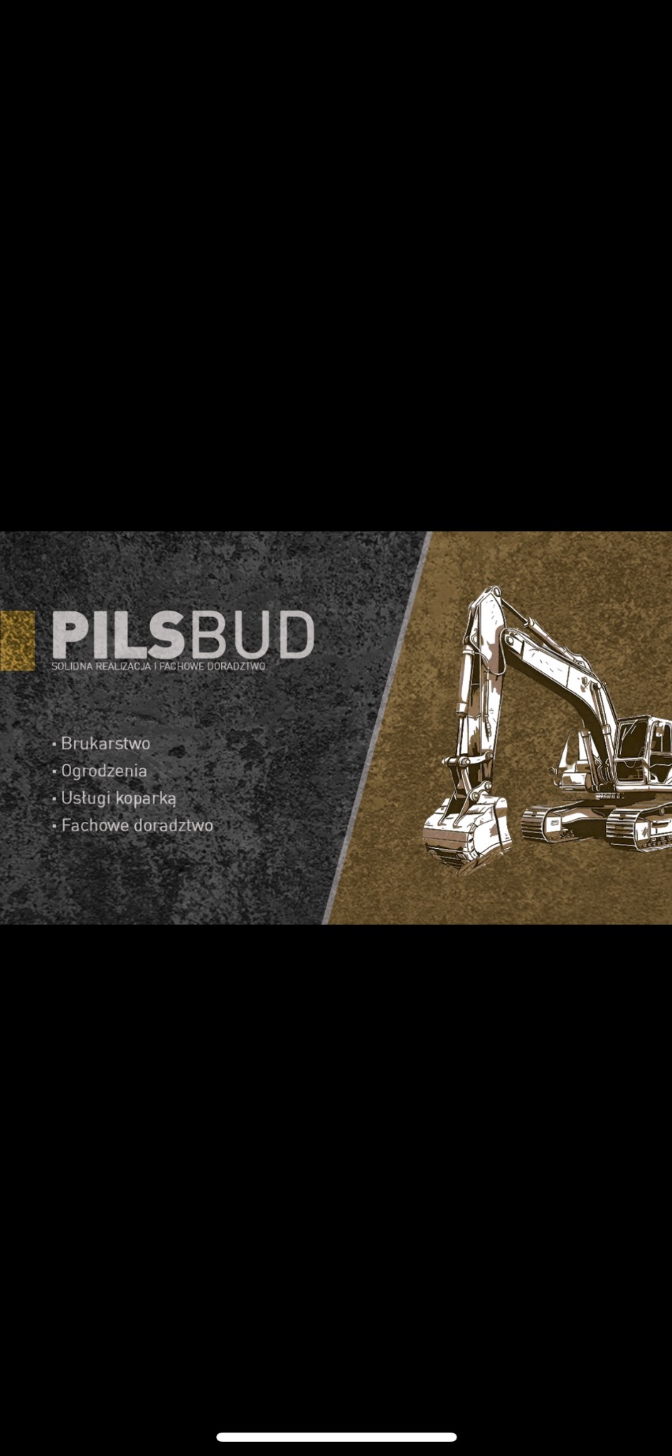 Grafika firmowa przedstawiająca logo 'PILSBUD' i ilustrację koparki na podzielonym tle.