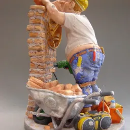 Karykaturalna figurka budowniczego w kasku, w trakcie wznoszenia muru z cegieł, z taczką pełną cegieł, wiertarką i radiem obok, na szarej podstawie.