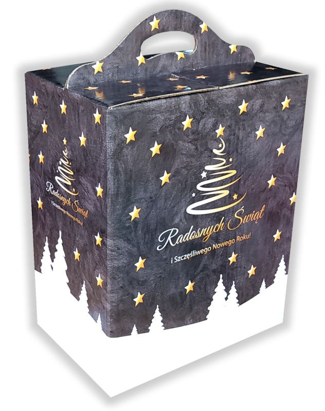 Kartonowe pudełko z uchwytem, w świątecznym stylu, z napisem 'Radosnych Świąt i Szczęśliwego Nowego Roku!' oraz motywem choinki i gwiazd, białe sylwetki drzew na dole.
