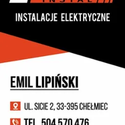 Wizytówka firmy Elmer Instal z informacjami kontaktowymi i logo, oferującej usługi z zakresu instalacji elektrycznych.