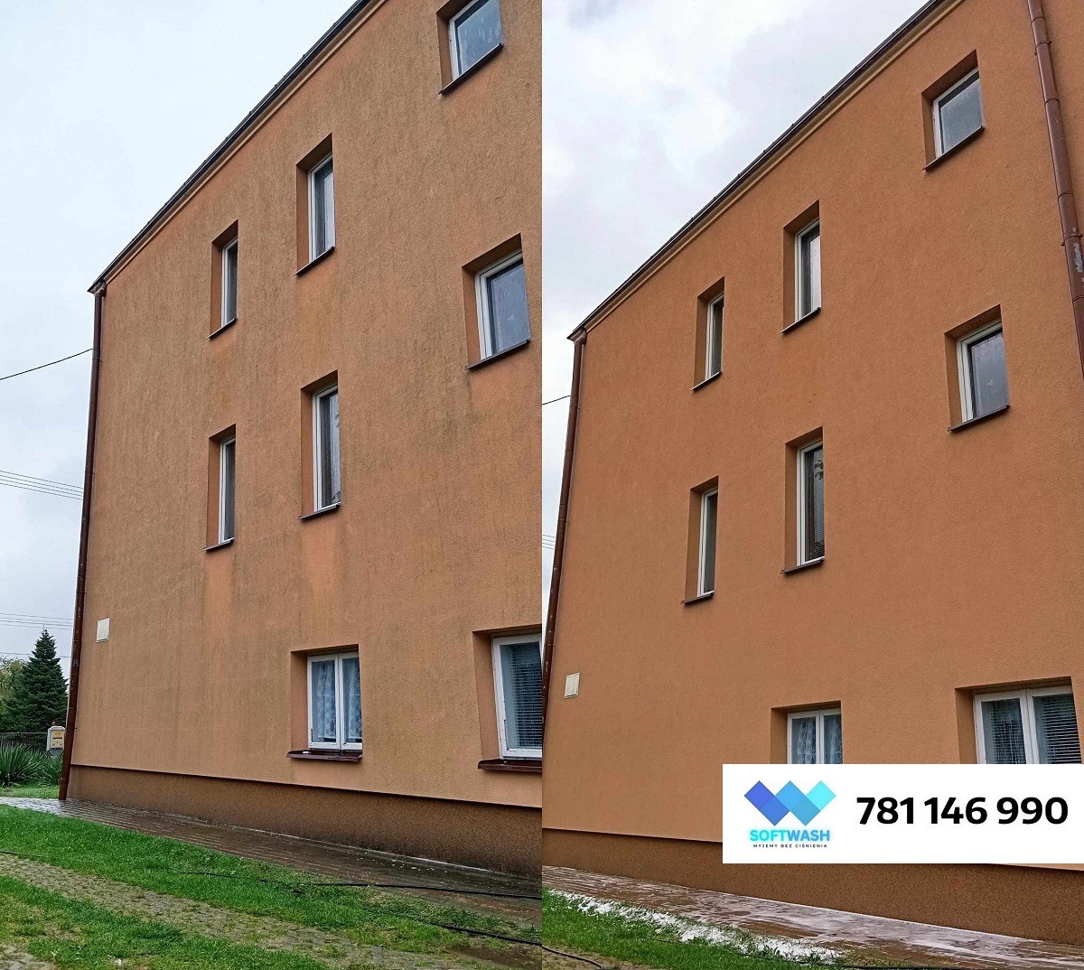 Porównanie elewacji budynku przed i po czyszczeniu, widoczne różnice w kolorze i usunięte zabrudzenia, z logo firmy i numerem telefonu w prawym dolnym rogu.