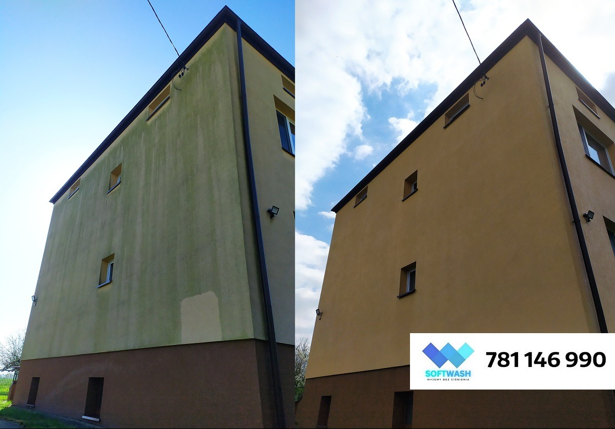Porównanie elewacji budynku przed i po czyszczeniu, widoczne usunięcie zabrudzeń biologicznych i przywrócenie pierwotnego koloru.
