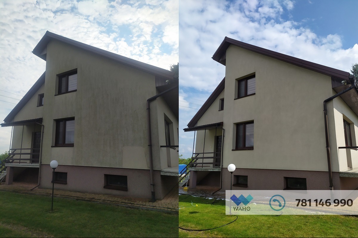 Porównanie elewacji domu przed i po czyszczeniu, widoczna różnica w kolorze i czystości, zieleń trawnika, błękitne niebo z chmurami.