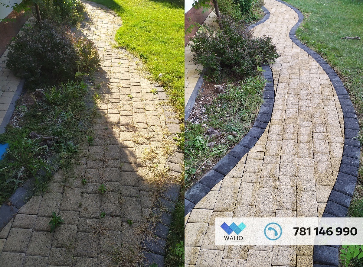 Porównanie stanu kostki brukowej przed i po czyszczeniu: po lewej stronie zabrudzona, porośnięta chwastami, po prawej - świeżo umyta, z widocznym logo firmy WAHO i numerem telefonu.