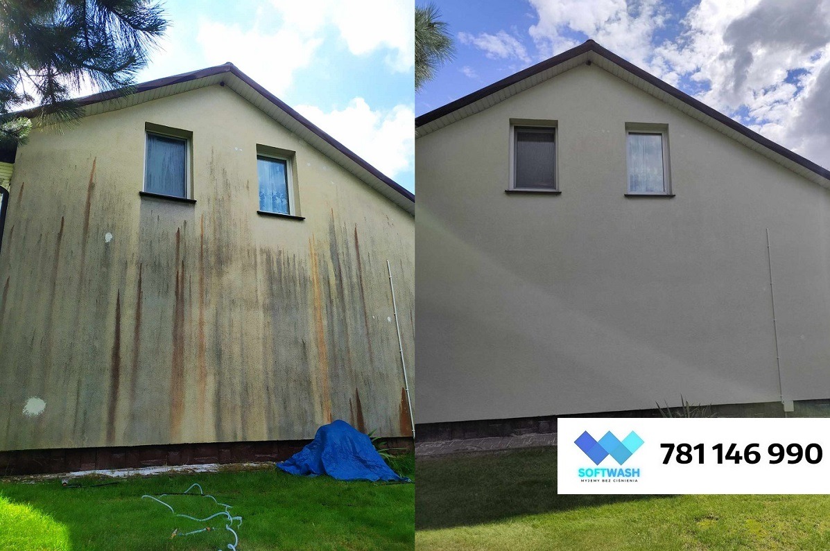 Porównanie elewacji budynku przed i po czyszczeniu, widoczne silne zabrudzenia i efekt odświeżenia, z uwzględnieniem zielonego trawnika i fragmentu niebieskiej plandeki
