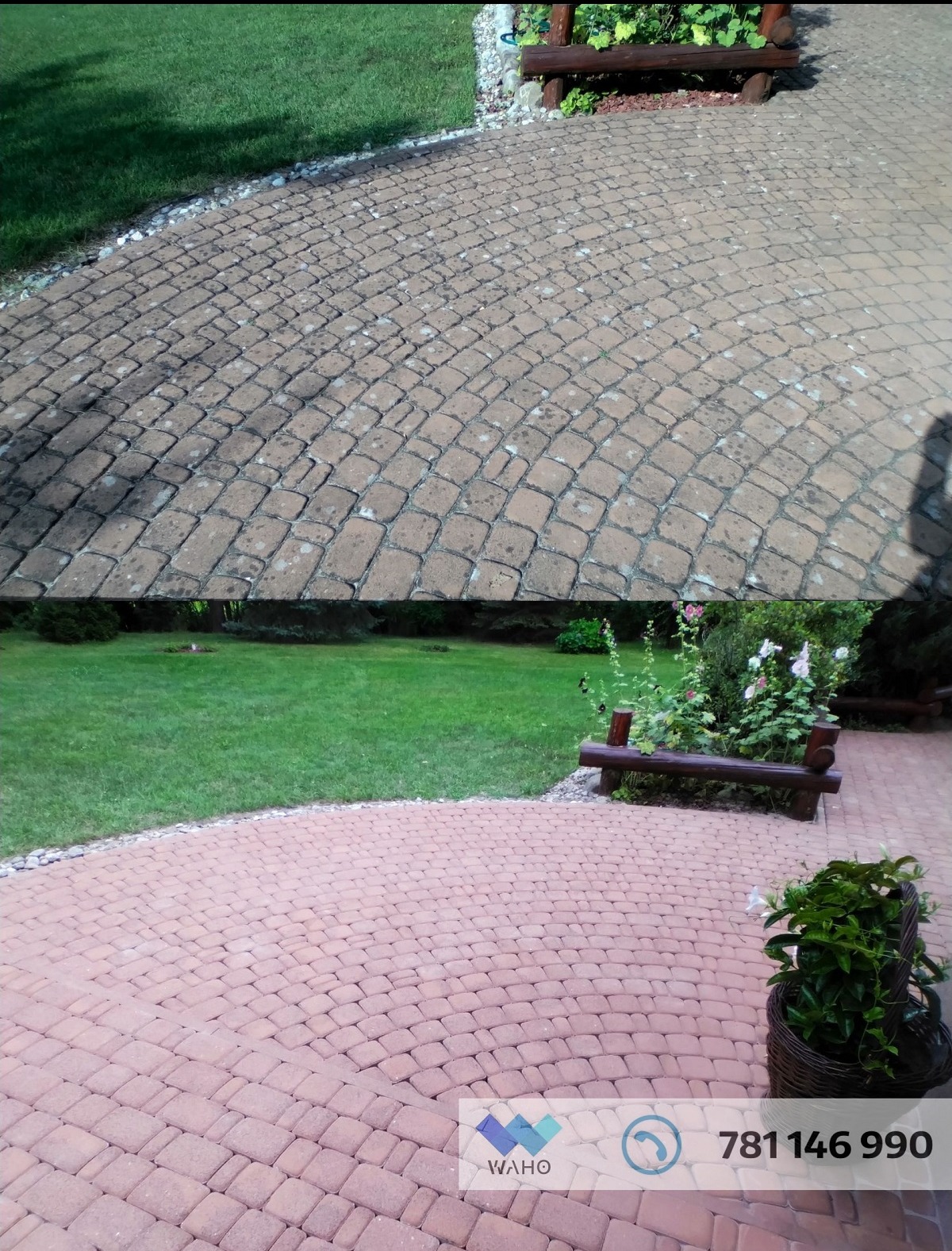 Porównanie czyszczenia kostki brukowej: górna część zdjęcia pokazuje zabrudzoną kostkę, dolna część prezentuje efekt po umyciu, z widocznym logo firmy.