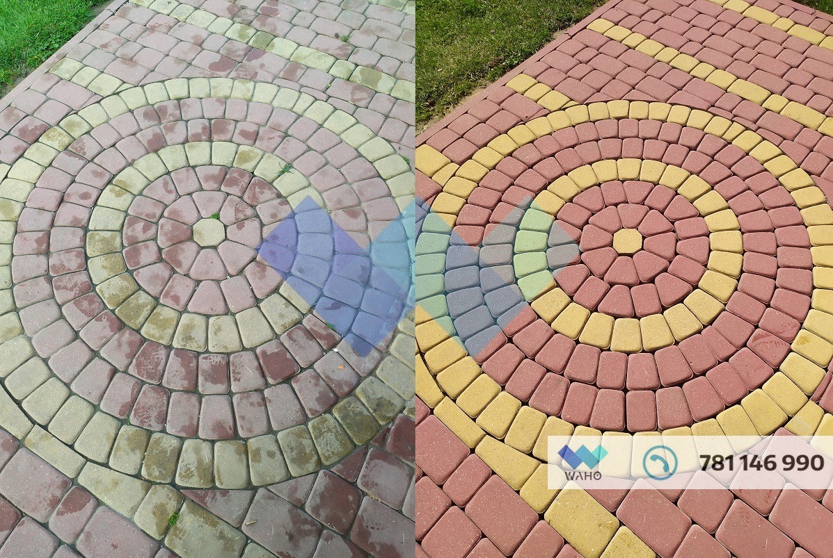 Porównanie kostki brukowej przed i po czyszczeniu: lewa strona pokryta zabrudzeniami i mchem, prawa strona z intensywnymi kolorami i czystą powierzchnią, wzór ułożony w okrąg.