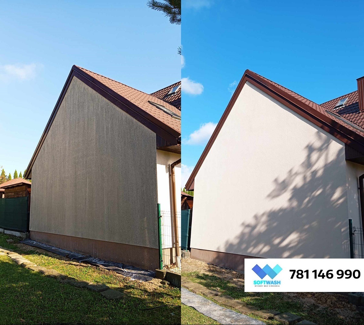 Porównanie elewacji budynku przed i po czyszczeniu, widoczne wyraźne różnice w kolorze i czystości, z logo firmy w prawym dolnym rogu.