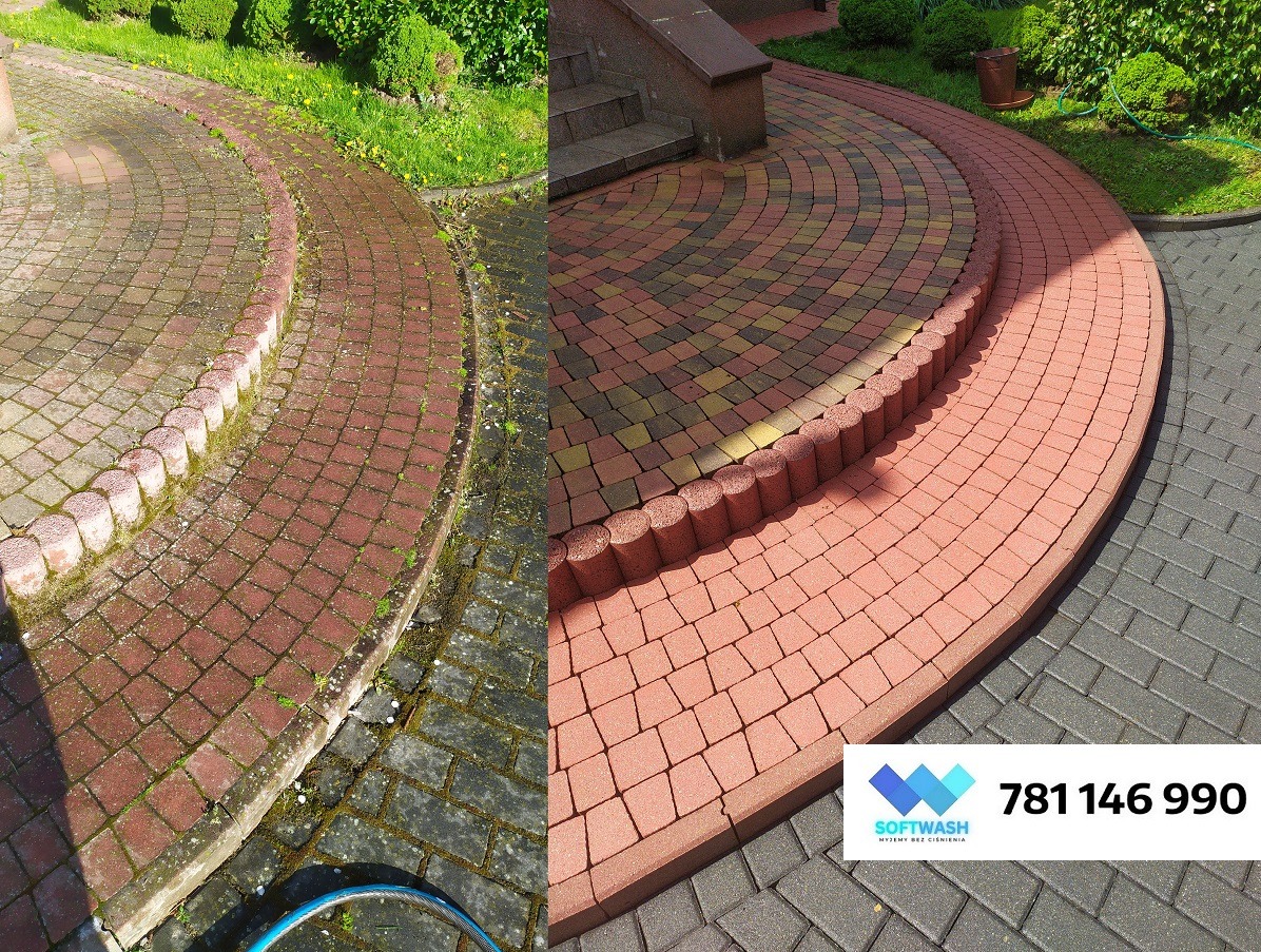 Porównanie stanu kostki brukowej przed i po czyszczeniu: po lewej stronie powierzchnia pokryta mchem i zabrudzeniami, po prawej świeżo umyta, z intensywnym kolorem. Widoczny fragment węża...